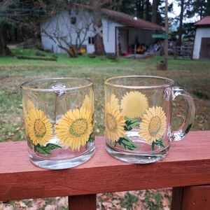 (2) Vintage Libbey Clear Glass With Sunflowers Coffee Mugs - Made In USA